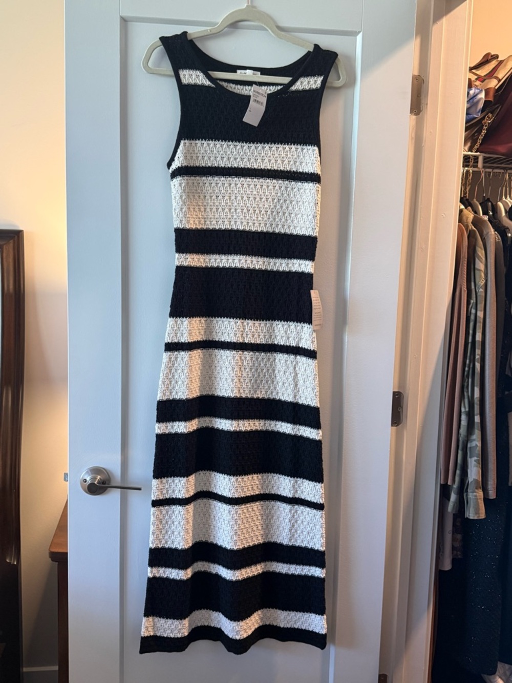 Sleeveless Black and White Striped Knit Midi Dress